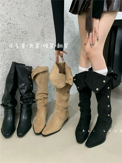 Versatile Fall Winter Foldable Slouchy Suede Chunky Heel Western Cowboy Knee High Women's Boots