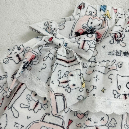 Zip & Cat Print Puff Cake Skirt Subculture Y2K E-girl Anime Cute High-Waisted A-line Fluffy Skirt