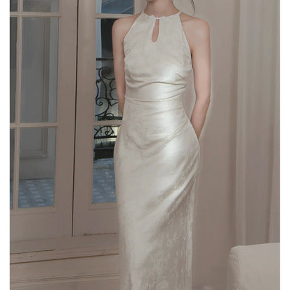 Chinese Satin Halter Mermaid Cheongsam Gown Dress