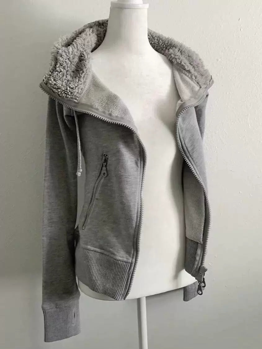 Gray Lamb Wool Double-Zipper Hoodie Subculture Y2K E-girl Vintage Autumn/Winter Waist-Cinched Slimming Top