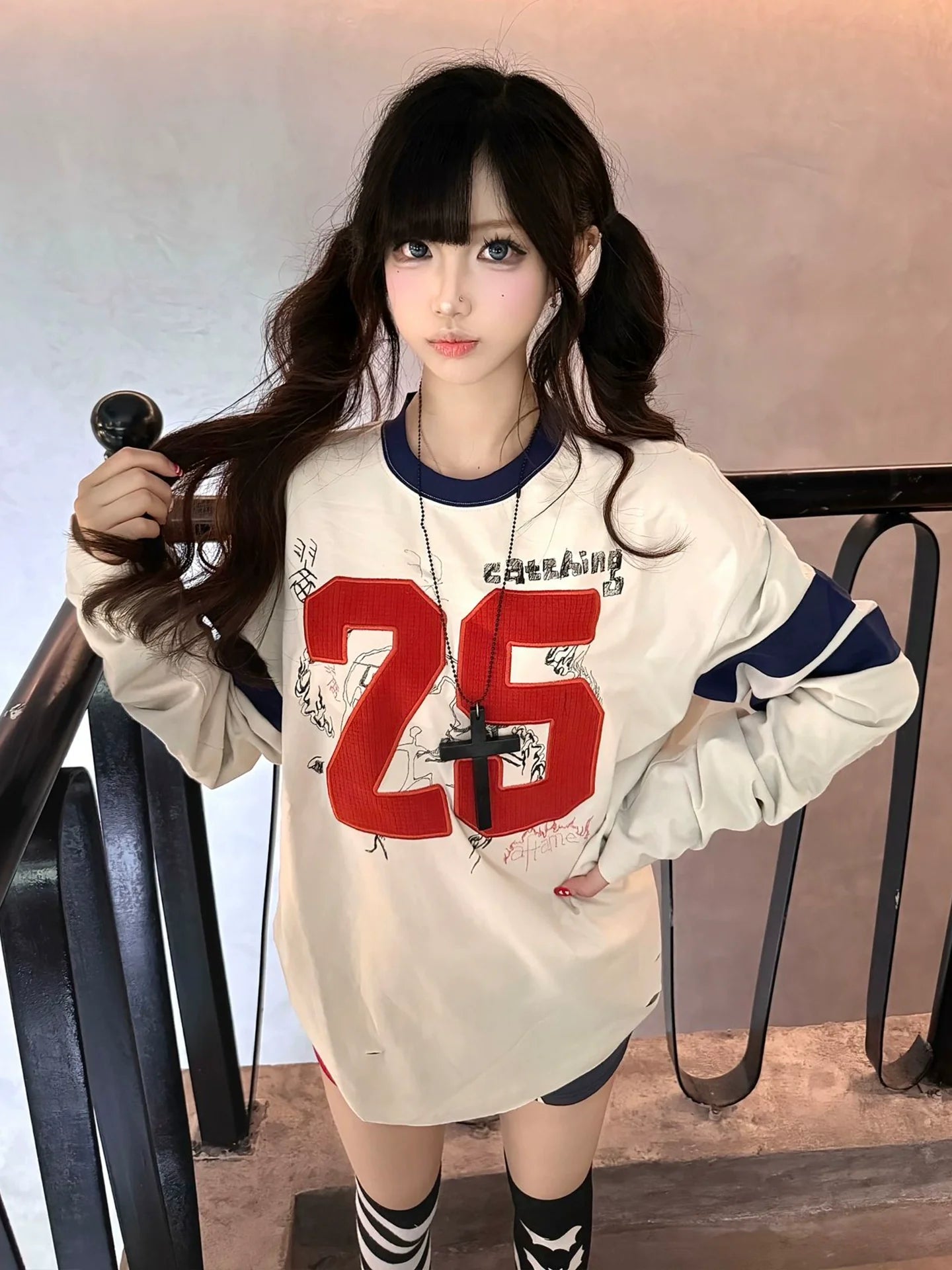 Retro Color Block Embroidered Graffiti Long Sleeve Top Loose Fit