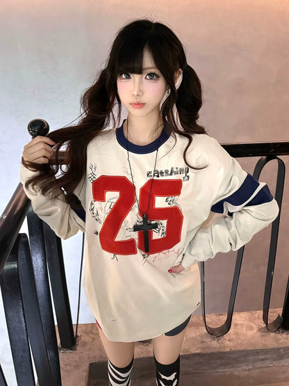 Retro Color Block Embroidered Graffiti Long Sleeve Top Loose Fit