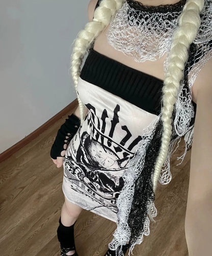 Skull Camisole Dress Subculture Punk Y2K E-girl Shibuya Gothic Slim Bodycon Dress
