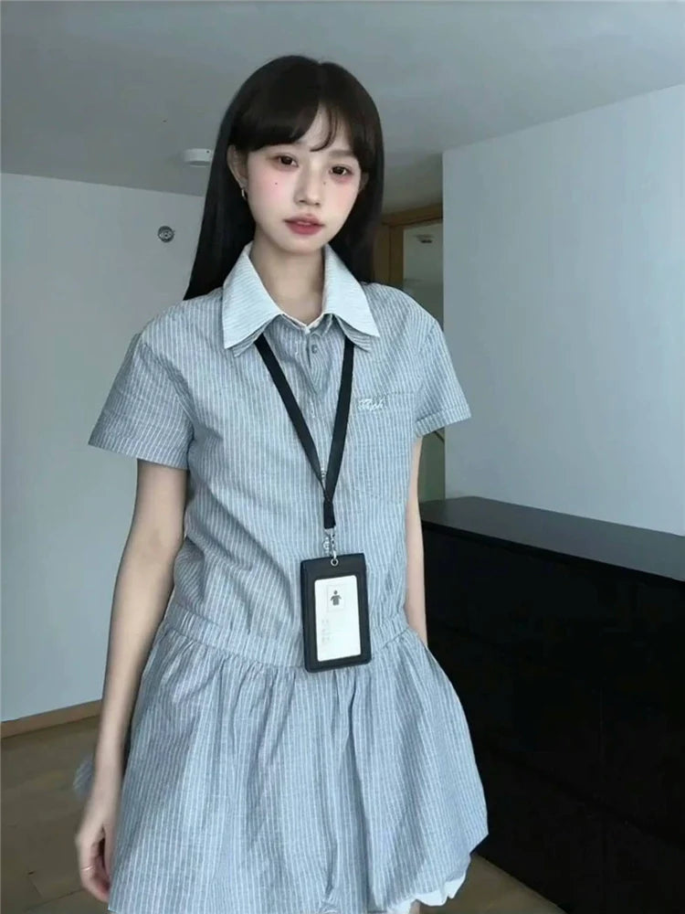 Preppy Style Fake Two-Piece Stripe Short-Sleeve Shirt Dress