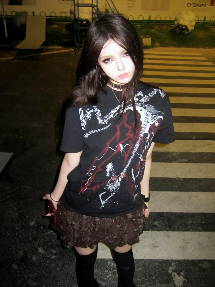 Subculture Black Polo Tee Scythe Print Straight Shoulder Top