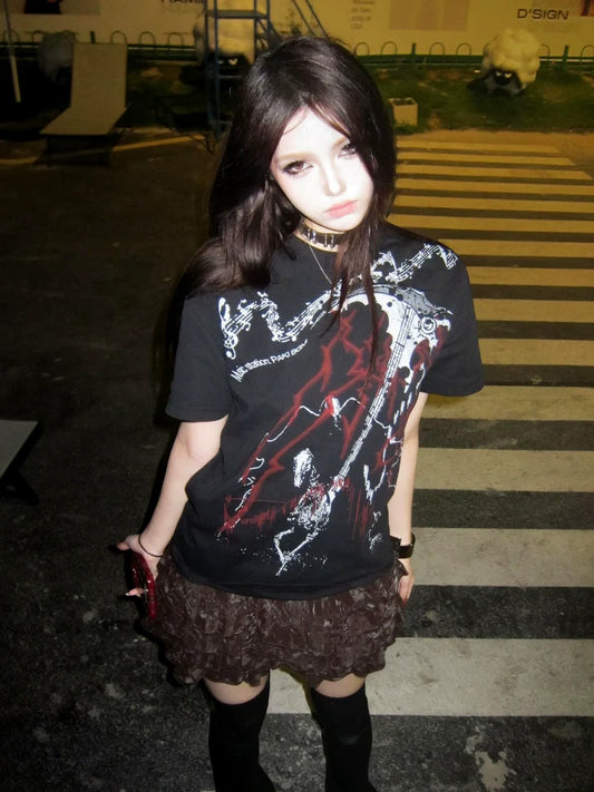 Subculture Black Polo Tee Scythe Print Straight Shoulder Top