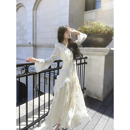French Fairy V Neck Long Sleeve Ruffle Mermaid Gown Dress