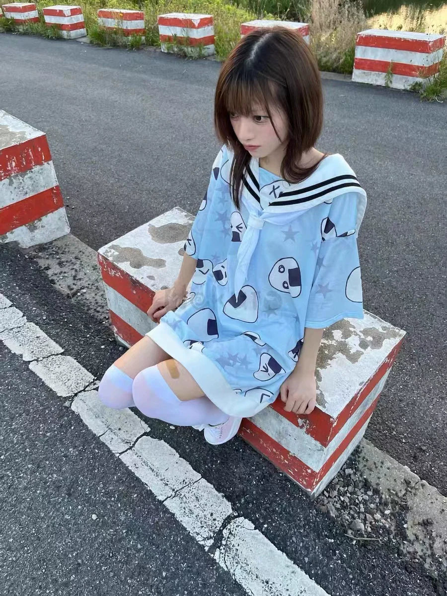 Blue (With Tie) Subculture Y2K E-girl Japanese Kawaii Navy Collar Rice Ball & Star Print Oversized Short Sleeve Top