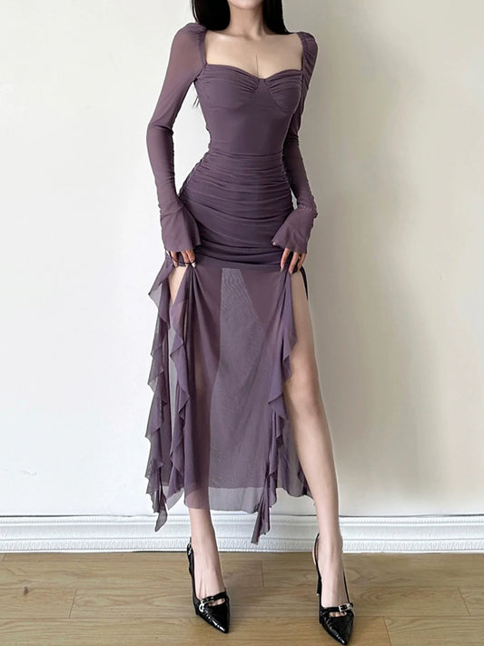 Chic E-girl Vibrant Purple Square-Neck Ruffle High-Slit Midi Dress