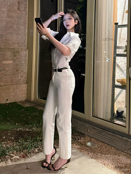 Old Money White Short Sleeve Shirt Summer Casual Slim Fit Lazy Chic Spicy Girl Top