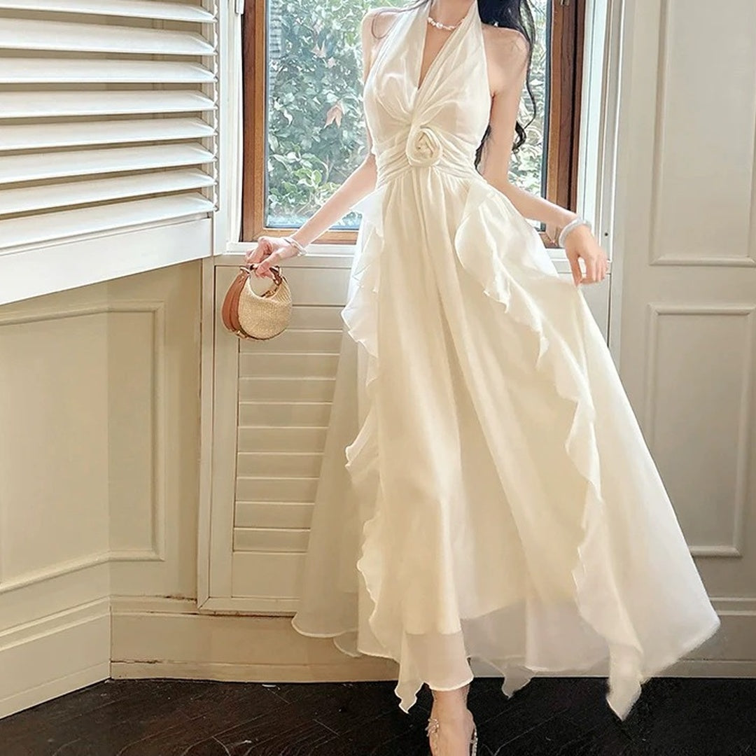 French Halter Floral Tulle Gown Dress