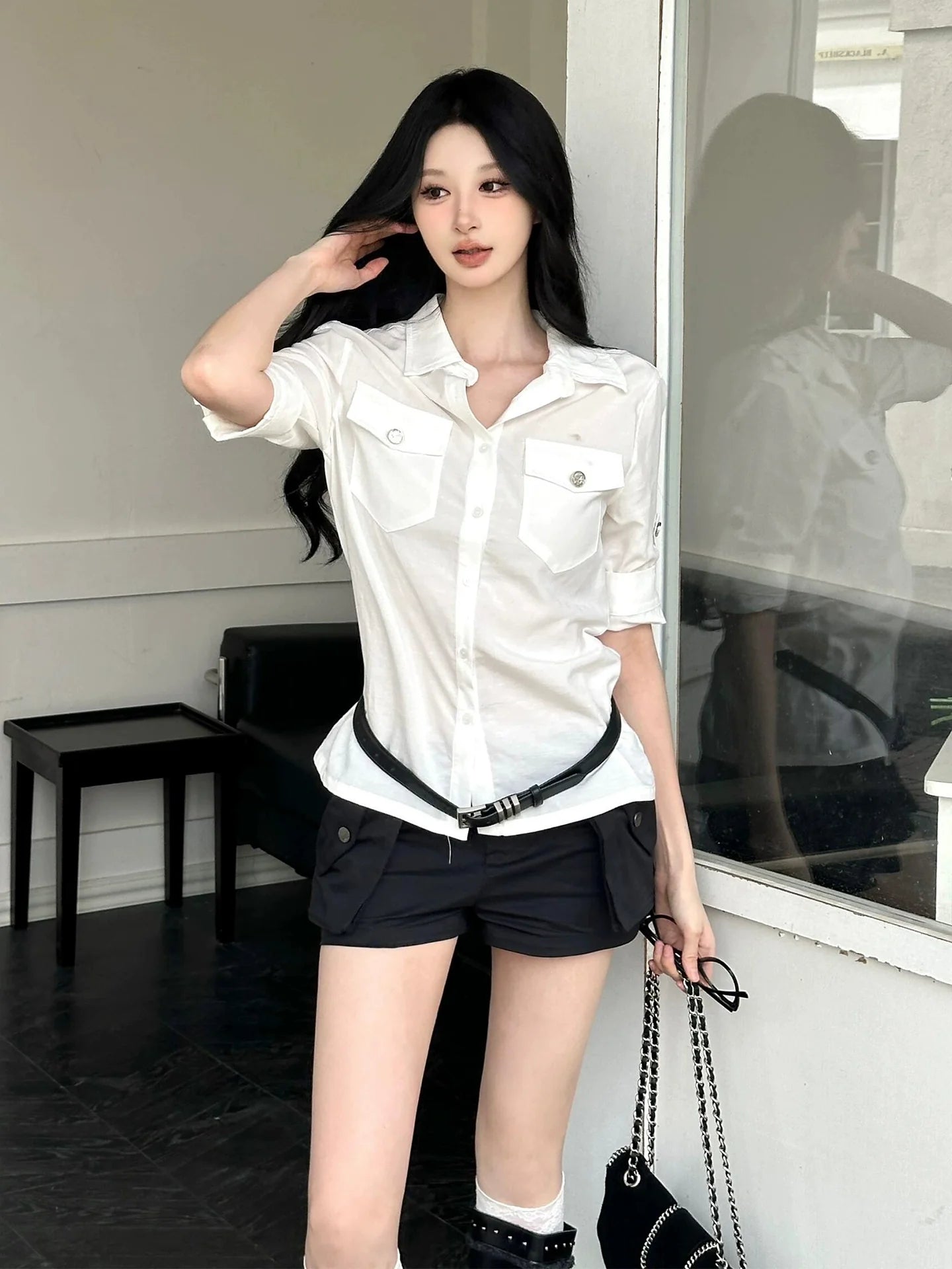 Elegant White Short Sleeve Shirt Summer Commuter Sun-Proof Blouse