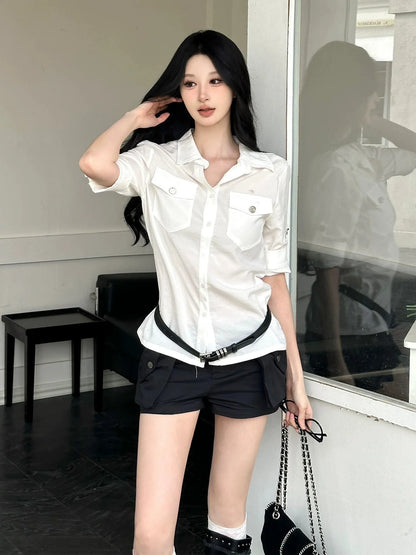 Elegant White Short Sleeve Shirt Summer Commuter Sun-Proof Blouse