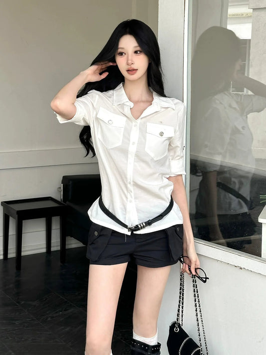 Elegant White Short Sleeve Shirt Summer Commuter Sun-Proof Blouse