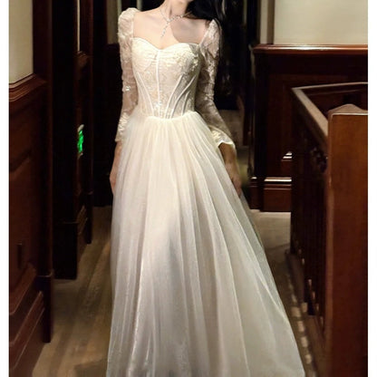 French Luxury Mesh Long Sleeve Bone Gown Dress