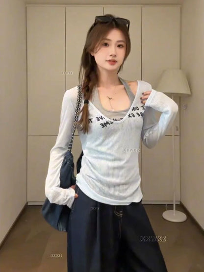 Blue & Gray Two-Piece Set Light Subculture Y2K E-girl American Retro Long Sleeve T-shirt & Printed Camisole Set