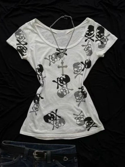 White Subculture Punk Y2K E-girl Abi American Retro Skull Print Short Sleeve Top (Style 2)