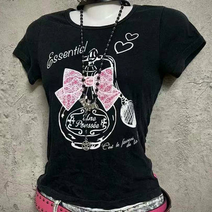 Black Subculture Y2K E-girl Abi American Retro Cute Bow Print Short Sleeve Top