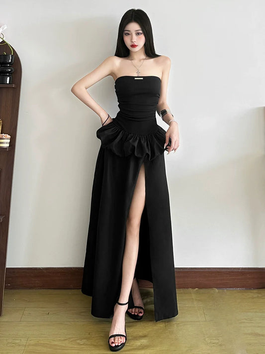 French Chic Black Fake Two-Piece Tube Top High-Slit Maxi Dress