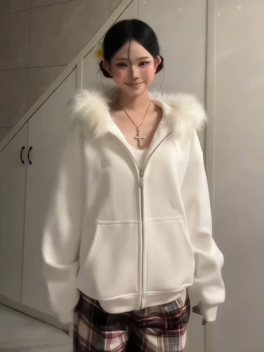 American Vintage Zip-Up Hoodie Fur Collar Heavyweight Outerwear