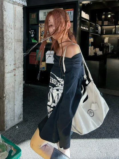 Retro One Shoulder Diamond Letter Tee