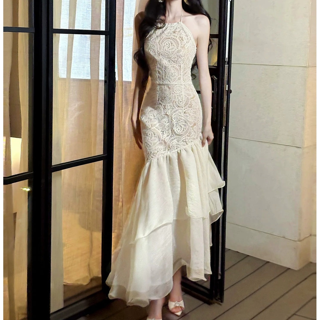 French Ruffle Lace Spaghetti Strap Mermaid Gown Dress