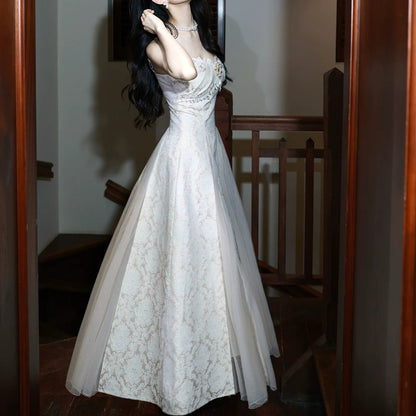 French Printed Spaghetti Strap Fitted Waist Gown Dress