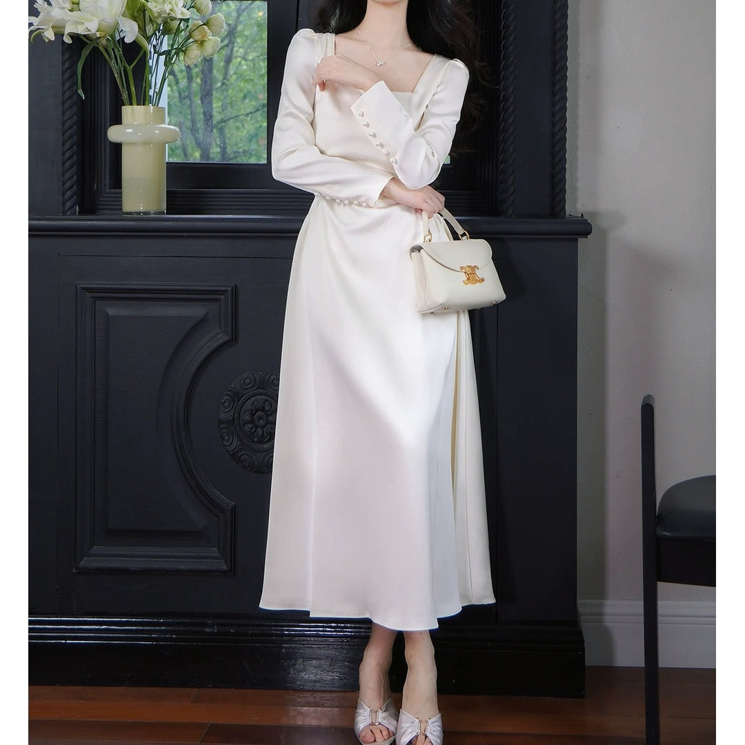 French Satin Square Neck A-Line Long Sleeve Gown Dress