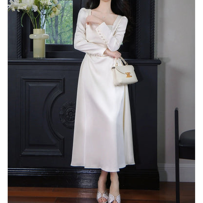 French Satin Square Neck A-Line Long Sleeve Gown Dress