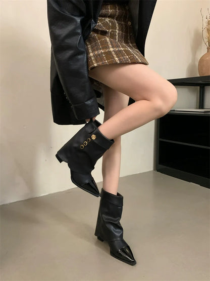 Minimalist Chic Color Block Chunky Heel Ankle Boots Women Fall Winter New Fashionable Versatile Pointed Toe Trouser High Heel Biker Boots