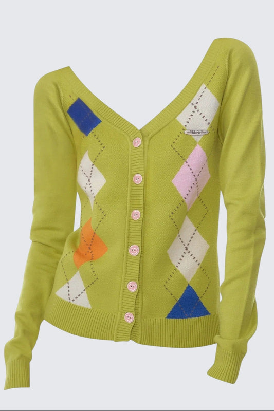 Argyle V-Neck Knit Cardigan Women