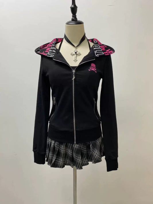Black Zipper-Pocket Plush Hoodie Jacket Subculture Y2K E-girl Retro Autumn/Winter Niche Design Jacket