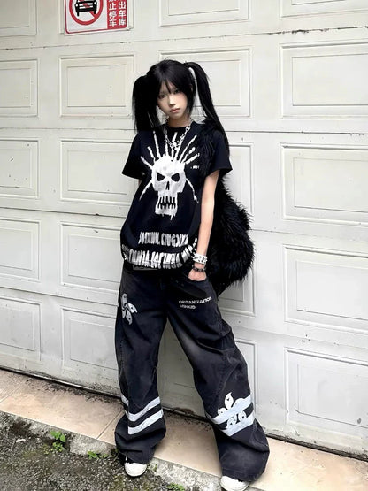 Black Rock Punk Skull & Letter Print Y2K T-Shirt