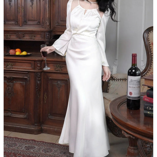 French Satin Long Sleeve Bodycon Birthday Gown Dress