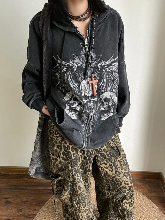 Black Subculture Punk Rock Gothic Y2K E-girl Skull-Print Hooded Niche Jacket