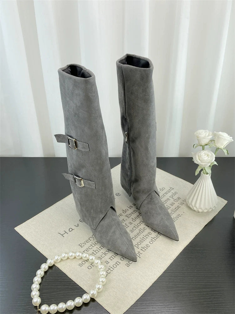 Fall Winter European Fashion Pointed Toe Wedge Knee High Buckle Suede Chunky Heel Spicy Girl Trouser Boots