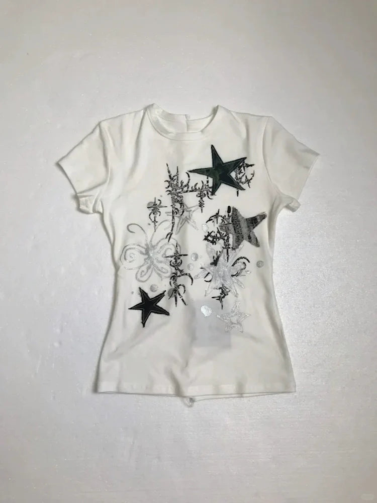 White Subculture Y2K E-girl Abi American Retro Hand-Drawn Star Print Light Subculture Short Sleeve Top