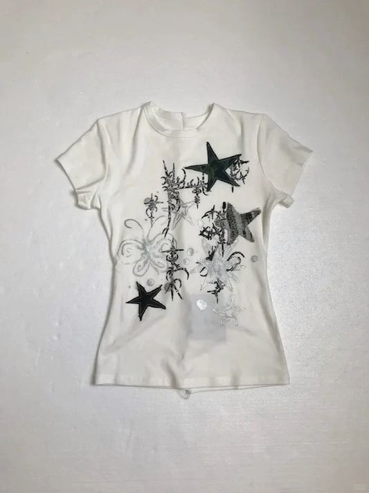 White Subculture Y2K E-girl Abi American Retro Hand-Drawn Star Print Light Subculture Short Sleeve Top