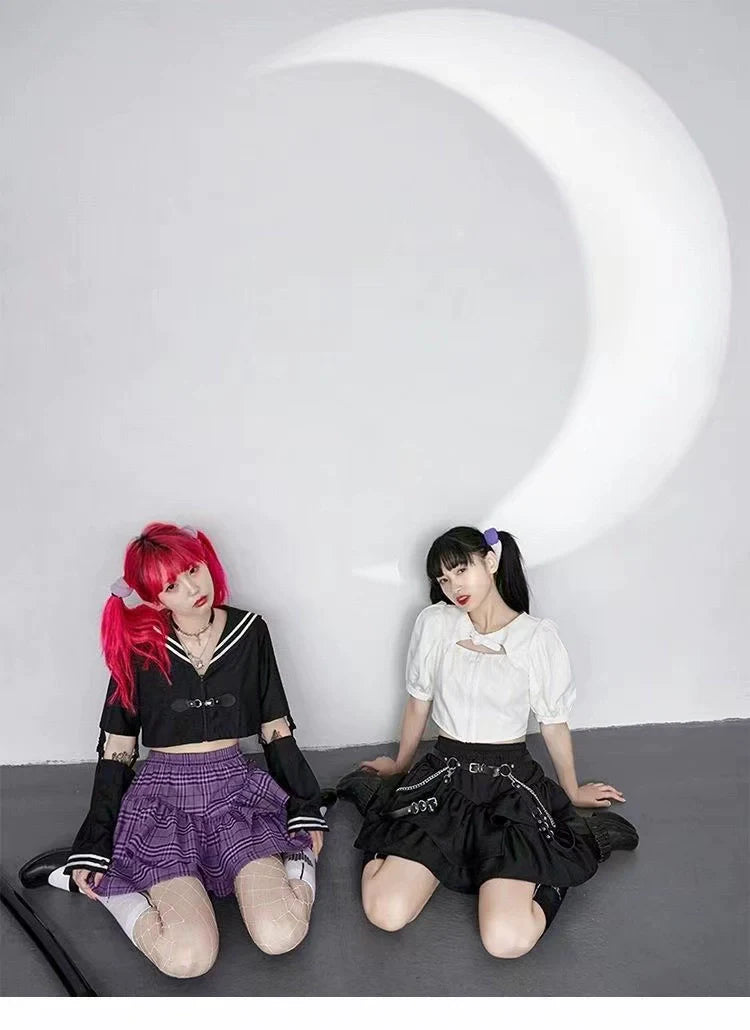 Black Skirt + Suspender Waist Chain Two-Piece Set Subculture Punk Y2K E-girl Gothic Harajuku High-Waisted Asymmetrical A-line Skirt