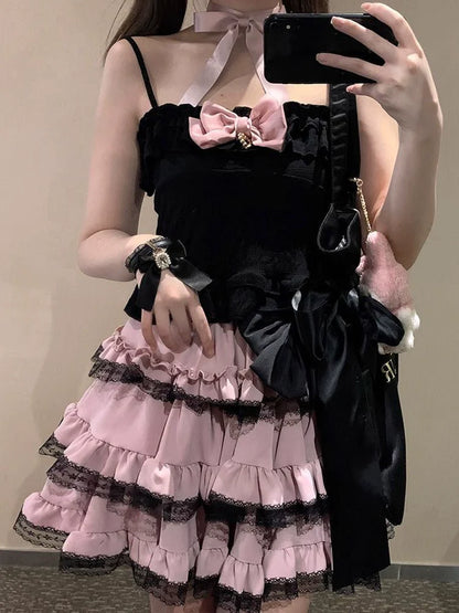 Black [With Free White Bow Subculture Y2K E-girl Sweet & Cool Multi-Layer Lace Cake Skirt High-Waisted Short Fluffy Skirt