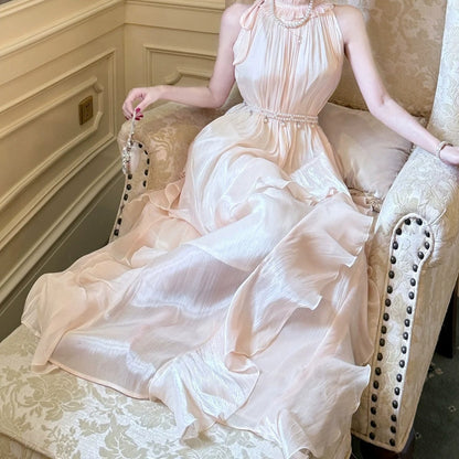 French Pink Ruffle Sleeveless Gown Dress