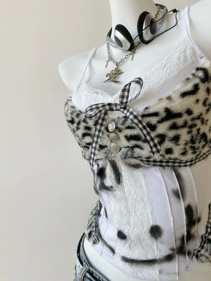 Fuzzy Leopard Print Cat Panel Y2K Tank Top