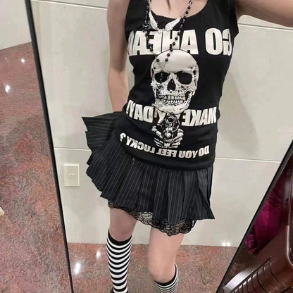Black Skull Vest Subculture Gothic Punk Y2K E-girl Skull & Rose Print Sleeveless Design Top