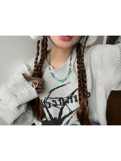Gray Y2K Punk Light Subculture Retro Distressed Sweater