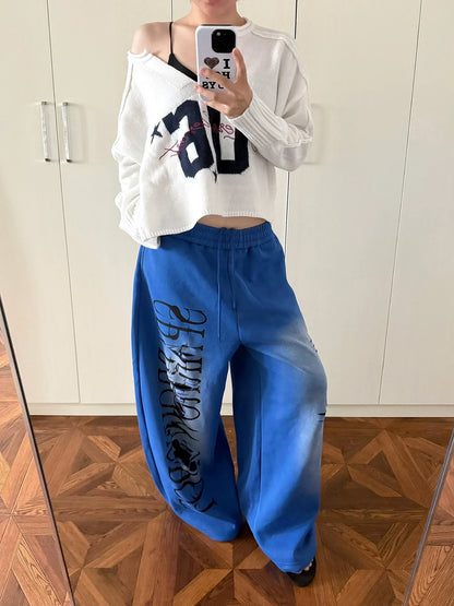 Retro V Neck Numeric Print Knit Top Y2K Sweater