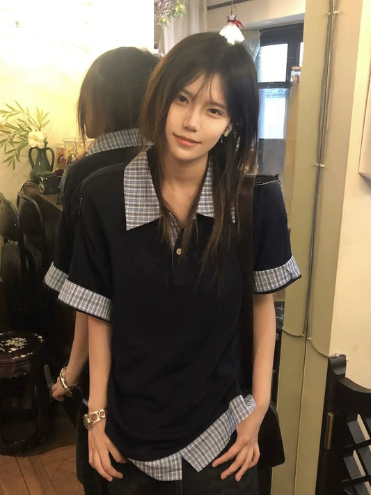 Two-Piece Look Polo Tee Navy Short Sleeve Top