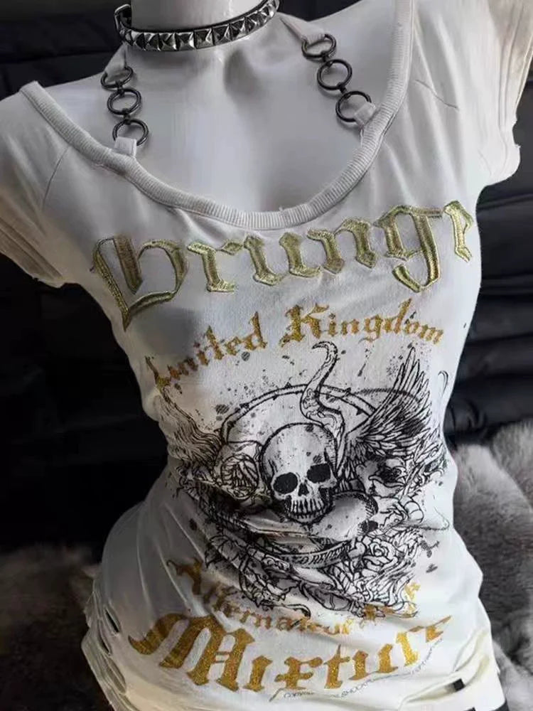 White Subculture Punk Y2K E-girl Abi American Retro Halter Ripped Print Short Sleeve Top