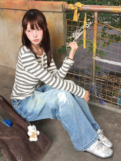 American Retro Striped Knit Long Sleeve Tee Autumn Color-Dot Slim Base Layer