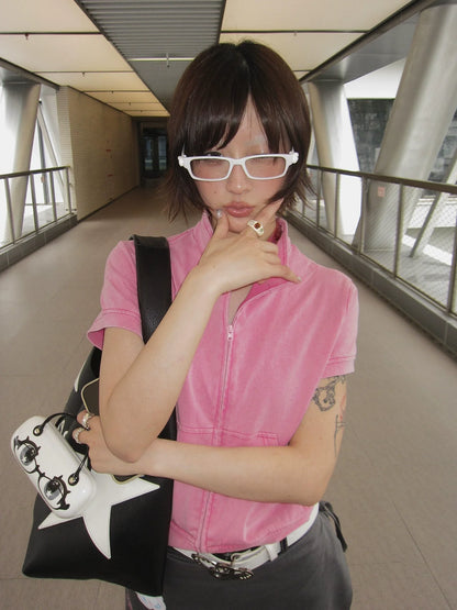 Y2K Stand Collar Short Sleeve Crop Cardigan Layered T Shirt Top