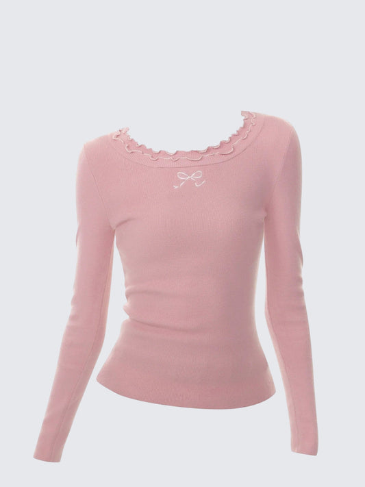 Pink Bow Knit Long Sleeve Tee